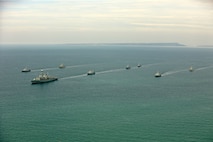 Ships assigned to the Sea Breeze 2025-2 Mine Countermeasures (MCM) Task Group sail in formation. Sea Breeze is an annual maritime exercise aimed at building collective capability and agility to restore security and stability in the dynamic Black Sea.