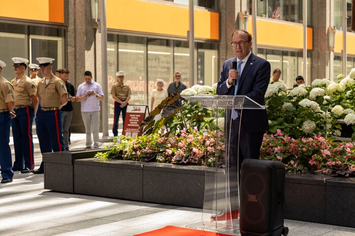 Brendan Reilly, the alderman representing the 42nd Ward of Chicago, speaks at the opening ceremony during Marine Week Chicago, July 10, 2025. The opening ceremony signifies the start of the event and represents the ethos of U.S. Marines to Chicago residents. Throughout 2025, Marines across the globe will celebrate the 250th birthday of the Corps, commemorating service, sacrifice, and priding themselves on living ‘Semper Fidelis’ or ‘Always Faithful’ to their nation and to each other. (U.S. Marine Corps photo by Lance Cpl. Elijua Guel)