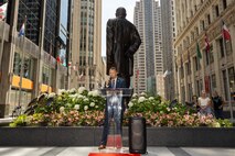 Kevin Barszcz, the director of Veterans Affairs for Chicago, speaks at the opening ceremony during Marine Week Chicago, July 10, 2025. The opening ceremony signifies the start of the event and represents the ethos of U.S. Marines to Chicago residents. Throughout 2025, Marines across the globe will celebrate the 250th birthday of the Corps, commemorating service, sacrifice, and priding themselves on living ‘Semper Fidelis’ or ‘Always Faithful’ to their nation and to each other. (U.S. Marine Corps photo by Lance Cpl. Elijua Guel)