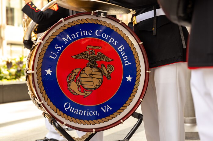 A drum with the Quantico Marine Band sits on a drum stand during Marine Week Chicago in Chicago, July 10, 2025. The Quantico Marine Band played a variety of patriotic music to display the Marine Corps’ values in support of the community and the bond with the Nation. Throughout 2025, Marines across the globe will celebrate the 250th birthday of the Corps, commemorating service, sacrifice, and priding themselves on living ‘Semper Fidelis’ or ‘Always Faithful’ to their nation and to each other. (U.S. Marine Corps photo by Lance Cpl. Elijua Guel)