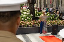 U.S Marine Corps 2nd Lt. Melody Gonzalez, a logistics officer assigned to Special Purpose Marine Air-Ground Task Force-250, speaks at the opening ceremony during Marine Week Chicago in, July 10, 2025. The opening ceremony signifies the start of the event and represents the ethos of U.S. Marines to Chicago residents. Throughout 2025, Marines across the globe will celebrate the 250th birthday of the Corps, commemorating service, sacrifice, and priding themselves on living ‘Semper Fidelis’ or ‘Always Faithful’ to their nation and to each other. (U.S. Marine Corps photo by Lance Cpl. Elijua Guel)