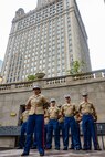 U.S. Marines assigned to Special Purpose Marine Air-Ground Task Force-250 stand in formation for a wreath laying ceremony at the Vietnam Veterans Memorial during Marine Week Chicago, July 11, 2025. The wreath laying ceremony was held to honor U.S. Marine Corps Sgt. Thomas Gilbert and other Marines who paid the ultimate sacrifice during Operation Iraqi Freedom. This year, the Marine Corps will celebrate two and a half centuries of serving the nation with honor, courage, and commitment. (U.S. Marine Corps photo by Lance Cpl. Elijua Guel)
