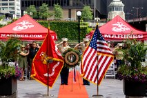 U.S. Marines assigned to Special Purpose Marine Air-Ground Task Force-250 salute during “Taps,” a song commonly played during memorial services, at a wreath laying ceremony at the Vietnam Veterans Memorial during Marine Week Chicago, July 11, 2025. The wreath laying ceremony was held to honor U.S. Marine Corps Sgt. Thomas Gilbert and other Marines who paid the ultimate sacrifice during Operation Iraqi Freedom. This year, the Marine Corps will celebrate two and a half centuries of serving the nation with honor, courage, and commitment. (U.S. Marine Corps photo by Lance Cpl. Elijua Guel)