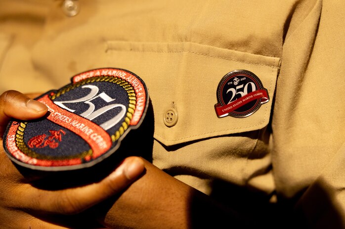 A Marines 250 sticker sits on the chest of Jamaria Peters, a Make-A-Wish recipient, during a ceremony dedicated to him at the Willis Tower during Marine Week Chicago, July 11, 2025. The event featured a performance from the Marine Corps Silent Drill Platoon, music from the Quantico Marine Band, and the appearance of drill instructors from Marine Corps Recruit Depot San Diego. This year, the Marine Corps will celebrate two and a half centuries of serving the nation with honor, courage, and commitment. (U.S. Marine Corps photo by Lance Cpl. Elijua Guel)