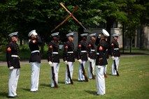 U.S. Marines with the Silent Drill Platoon, Marine Barracks Washington, perform during a wreath laying ceremony at Bicentennial Park in Nashville, Tennessee, June 4, 2025. Marines came out to the park to engage with the community, and to pay homage to Marines past and present. Throughout 2025, Marines across the globe will celebrate the 250th birthday of the Corps, commemorating, service, sacrifice, and priding themselves on living ‘Semper Fidelis’ or ‘Always Faithful’ to their nation and to each other. (U.S. Marine Corps photo by Cpl. Vincent Needham)