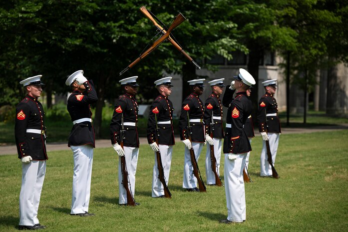 U.S. Marines with the Silent Drill Platoon, Marine Barracks Washington, perform during a wreath laying ceremony at Bicentennial Park in Nashville, Tennessee, June 4, 2025. Marines came out to the park to engage with the community, and to pay homage to Marines past and present. Throughout 2025, Marines across the globe will celebrate the 250th birthday of the Corps, commemorating, service, sacrifice, and priding themselves on living ‘Semper Fidelis’ or ‘Always Faithful’ to their nation and to each other. (U.S. Marine Corps photo by Cpl. Vincent Needham)