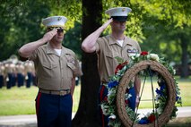 U.S. Marine Corps Col. Jimmy “J.J.” Wilson, commanding officer of Special Purpose Marine Air Ground Task Force-250, and Sgt. Maj. Forrest Allen, the sergeant major of SPMAGTF-250, participate in a wreath laying ceremony at Bicentennial Park in Nashville, Tennessee, June 4, 2025. Marines came out to the park to engage with the community, and to pay homage to Marines past and present. Throughout 2025, Marines across the globe will celebrate the 250th birthday of the Corps, commemorating, service, sacrifice, and priding themselves on living ‘Semper Fidelis’ or ‘Always Faithful’ to their nation and to each other. (U.S. Marine Corps photo by Cpl. Vincent Needham)