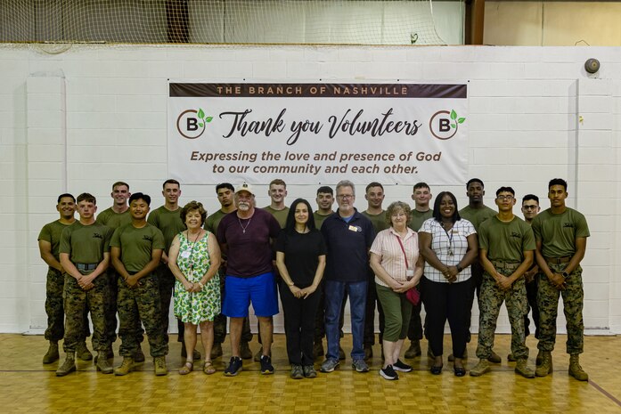 U.S. Marines with 2d Combat Engineer Battalion, 2d Marine Division and volunteers with The Branch of Nashville, pose for a photo during a volunteer event as part of Marine Week Nashville, in Nashville, Tennessee, June 2, 2025. Founded on November 10, 1775, the United States Marine Corps has served our nation honorably in every clime and place for 250 years. Throughout 2025, Marines across the globe will celebrate the 250th birthday of the Corps, commemorating service, sacrifice, and priding themselves on living 'Semper Fidelis' or 'Always Faithful' to their nation and to each other. (U.S. Marine Corps photo by Lance Cpl. Judith Ann Lazaro)