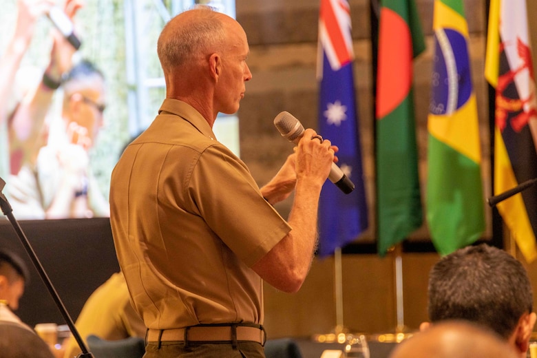 U.S. Marine Corps Lt. Gen. James Glynn, commander, U.S. Marine Corps Forces, Pacific, asks a question during the Overcoming Logistical Challenges from Sea to Shore Panel at the 11th iteration of the Pacific Amphibious Leaders Symposium, Manila, Philippines, July 9, 2025. Through discussions, engagements, and presentations, PALS enhances cooperation, tackles common threats, protects shared resources, and maintains sovereignty in the Indo-Pacific. This year's symposium hosts senior leaders from 23 participating nations who are committed to a free and open Indo-Pacific, with the objective of strengthening and developing regional relationships. (U.S. Marine Corps photo by 1st Lt. Shannon O’Neill)