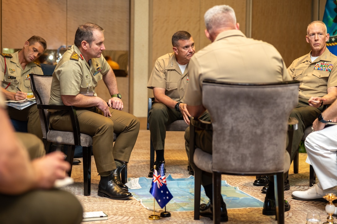 Australian Army Maj. Gen. Ash, Collingburn, commander, 1st Australian Division, speaks with senior U.S. Marine Corps leaders during a bilateral key leader engagement at the 11th iteration of the Pacific Amphibious Leaders Symposium, Manila, Philippines, July 9, 2025. Through discussions, engagements, and presentations, PALS enhances cooperation, tackles common threats, protects shared resources, and maintains sovereignty in the Indo-Pacific. This year’s symposium hosted senior leaders from 23 participating nations who are committed to a free and open Indo-Pacific, with the objective of strengthening and developing regional relationships. (U.S. Marine Corps photo by Lance Cpl. Blake Gonter)