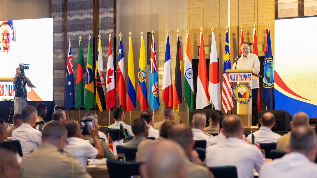 Philippines Secretary of National Defense Gilberto Teodoro Jr., delivers remarks during the opening ceremony of the 11th iteration of the Pacific Amphibious Leaders Symposium, Manila, Philippines, July 8, 2025. Bringing together experts and leaders from across the Indo-Pacific, PALS fosters collaboration among Allied and partner amphibious and maritime forces to share knowledge and recent operational insights. This year’s symposium hosted senior leaders from 23 participating nations who are committed to a free and open Indo-Pacific, with the objective of strengthening and developing regional relationships. (U.S. Marine Corps photo by Lance Cpl. Blake Gonter)