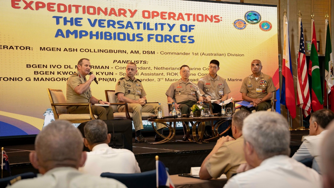 From left to right, Australian Army Brig. Gen. Ash Collingburn, commander, 1st Australian Division, The 60th Commandant of the Netherlands Marine Corps Brig. Gen. Ivo Moerman, Republic of Korea Marine Corps Brig. Gen. Kwon Tae Kyong, special assistant, and Philippine Marine Corps Brig. Gen. Antonio Mangoroban Jr., commander, 3rd Marine Brigade, participate in the Versatility of Amphibious Forces Panel at the Pacific Amphibious Leaders Symposium 25, Manila, Philippines, July 9, 2025. Through discussions, engagements, and presentations, PALS enhances cooperation, tackles common threats, protects shared resources, and maintains sovereignty in the Indo-Pacific. This year’s symposium hosted senior leaders from 23 participating nations who are committed to a free and open Indo-Pacific, with the objective of strengthening and developing regional relationships. (U.S. Marine Corps photo by Lance Cpl. Moses S. Lopez Franco)