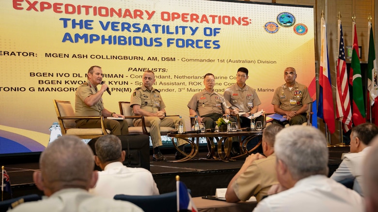 From left to right, Australian Army Brig. Gen. Ash Collingburn, commander, 1st Australian Division, The 60th Commandant of the Netherlands Marine Corps Brig. Gen. Ivo Moerman, Republic of Korea Marine Corps Brig. Gen. Kwon Tae Kyong, special assistant, and Philippine Marine Corps Brig. Gen. Antonio Mangoroban Jr., commander, 3rd Marine Brigade, participate in the Versatility of Amphibious Forces Panel at the Pacific Amphibious Leaders Symposium 25, Manila, Philippines, July 9, 2025. Through discussions, engagements, and presentations, PALS enhances cooperation, tackles common threats, protects shared resources, and maintains sovereignty in the Indo-Pacific. This year’s symposium hosted senior leaders from 23 participating nations who are committed to a free and open Indo-Pacific, with the objective of strengthening and developing regional relationships. (U.S. Marine Corps photo by Lance Cpl. Moses S. Lopez Franco)