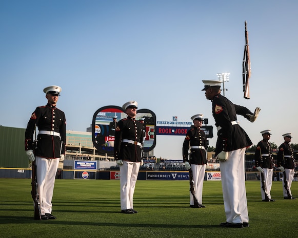 U.S. Marines with the United States Marine Corps Silent Drill Platoon, Marine Barracks Washington, perform during a celebrity softball game at First Horizon Park in Nashville, Tenn., June 2, 2025. Founded on November 10, 1775, the United States Marine Corps has served our nation honorably in every clime and place for 250 years. Throughout 2025, Marines across the globe will celebrate the 250th birthday of the Corps, commemorating service, sacrifice, and priding themselves on living "Semper Fidelis" or "Always Faithful" to their nation and to each other. (U.S. Marine Corps photo by Lance Cpl. Brynn L. Bouchard)