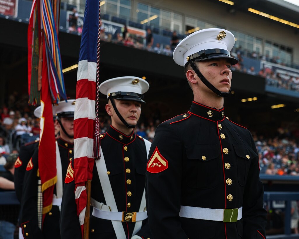 The official United States Marine Corps Color Guard, Marine Barracks Washington, walks onto the field to present the colors during a celebrity softball game at First Horizon Park in Nashville, Tenn., June 2, 2025. Founded on November 10, 1775, the United States Marine Corps has served our nation honorably in every clime and place for 250 years. Throughout 2025, Marines across the globe will celebrate the 250th birthday of the Corps, commemorating service, sacrifice, and priding themselves on living "Semper Fidelis" or "Always Faithful" to their nation and to each other. (U.S. Marine Corps photo by Lance Cpl. Brynn L. Bouchard)