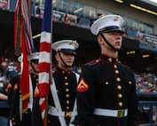 The official United States Marine Corps Color Guard, Marine Barracks Washington, walks onto the field to present the colors during a celebrity softball game at First Horizon Park in Nashville, Tenn., June 2, 2025. Founded on November 10, 1775, the United States Marine Corps has served our nation honorably in every clime and place for 250 years. Throughout 2025, Marines across the globe will celebrate the 250th birthday of the Corps, commemorating service, sacrifice, and priding themselves on living "Semper Fidelis" or "Always Faithful" to their nation and to each other. (U.S. Marine Corps photo by Lance Cpl. Brynn L. Bouchard)