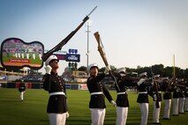U.S. Marines with the United States Marine Corps Silent Drill Platoon, Marine Barracks Washington, perform during a celebrity softball game at First Horizon Park in Nashville, Tenn., June 2, 2025. Founded on November 10, 1775, the United States Marine Corps has served our nation honorably in every clime and place for 250 years. Throughout 2025, Marines across the globe will celebrate the 250th birthday of the Corps, commemorating service, sacrifice, and priding themselves on living "Semper Fidelis" or "Always Faithful" to their nation and to each other. (U.S. Marine Corps photo by Lance Cpl. Brynn L. Bouchard)