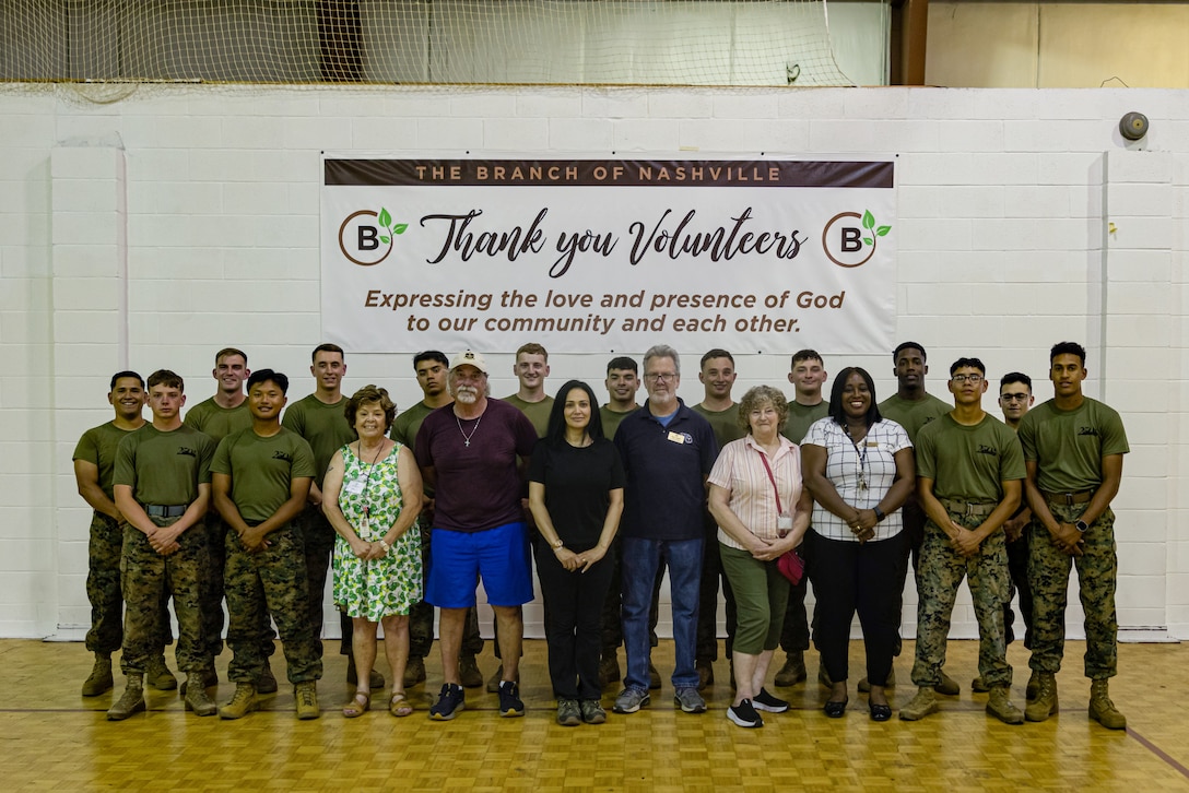U.S. Marines with 2d Combat Engineer Battalion, 2d Marine Division and volunteers with The Branch of Nashville, pose for a photo during a volunteer event as part of Marine Week Nashville, in Nashville, Tennessee, June 2, 2025. Founded on November 10, 1775, the United States Marine Corps has served our nation honorably in every clime and place for 250 years. Throughout 2025, Marines across the globe will celebrate the 250th birthday of the Corps, commemorating service, sacrifice, and priding themselves on living 'Semper Fidelis' or 'Always Faithful' to their nation and to each other. (U.S. Marine Corps photo by Lance Cpl. Judith Ann Lazaro)