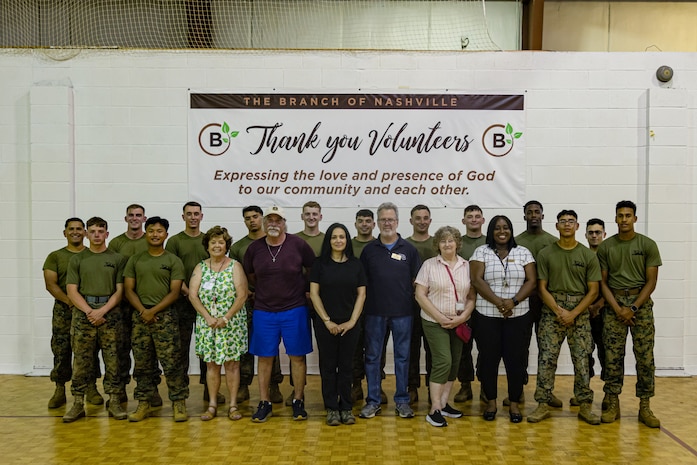U.S. Marines with 2d Combat Engineer Battalion, 2d Marine Division and volunteers with The Branch of Nashville, pose for a photo during a volunteer event as part of Marine Week Nashville, in Nashville, Tennessee, June 2, 2025. Founded on November 10, 1775, the United States Marine Corps has served our nation honorably in every clime and place for 250 years. Throughout 2025, Marines across the globe will celebrate the 250th birthday of the Corps, commemorating service, sacrifice, and priding themselves on living 'Semper Fidelis' or 'Always Faithful' to their nation and to each other. (U.S. Marine Corps photo by Lance Cpl. Judith Ann Lazaro)