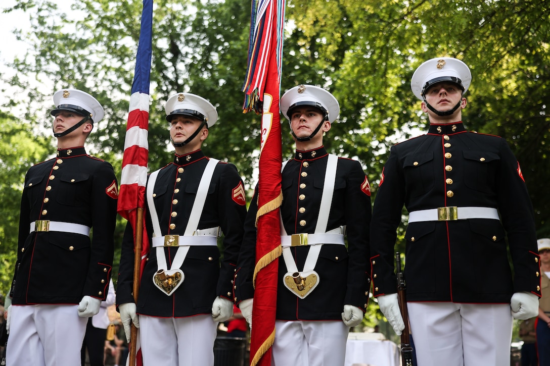 U.S. Marines with the official United States Marine Corps Color Guard, Marine Barracks Washington, prepare to present the colors during a wreath-laying ceremony at the World War II commemoration held at Bicentennial Capitol Mall State Park in Nashville, Tenn., June 4, 2025. As part of Marine Week Nashville 2025, the Color Guard’s participation honors the legacy of World War II veterans and highlights the Marine Corps’ ongoing commitment to ceremonial excellence and public engagement during its 250th anniversary year. (U.S. Marine Corps photo by Lance Cpl. Brynn L. Bouchard)