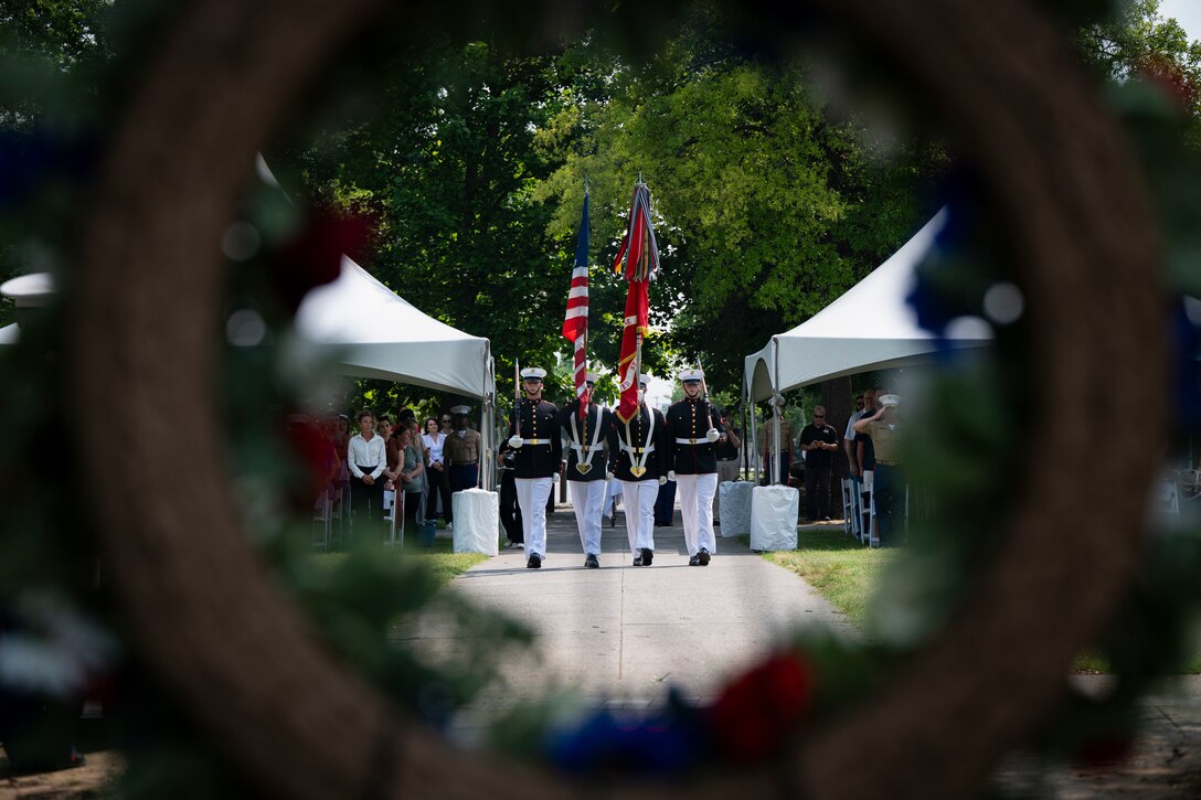 The U.S. Marine Corps Color Guard, Marine Barracks Washington, present the colors during a wreath laying ceremony at Bicentennial Park in Nashville, Tennessee, June 4, 2025. Marines came out to the park to engage with the community, and to pay homage to Marines past and present. Throughout 2025, Marines across the globe will celebrate the 250th birthday of the Corps, commemorating, service, sacrifice, and priding themselves on living ‘Semper Fidelis’ or ‘Always Faithful’ to their nation and to each other. (U.S. Marine Corps photo by Cpl. Vincent Needham)