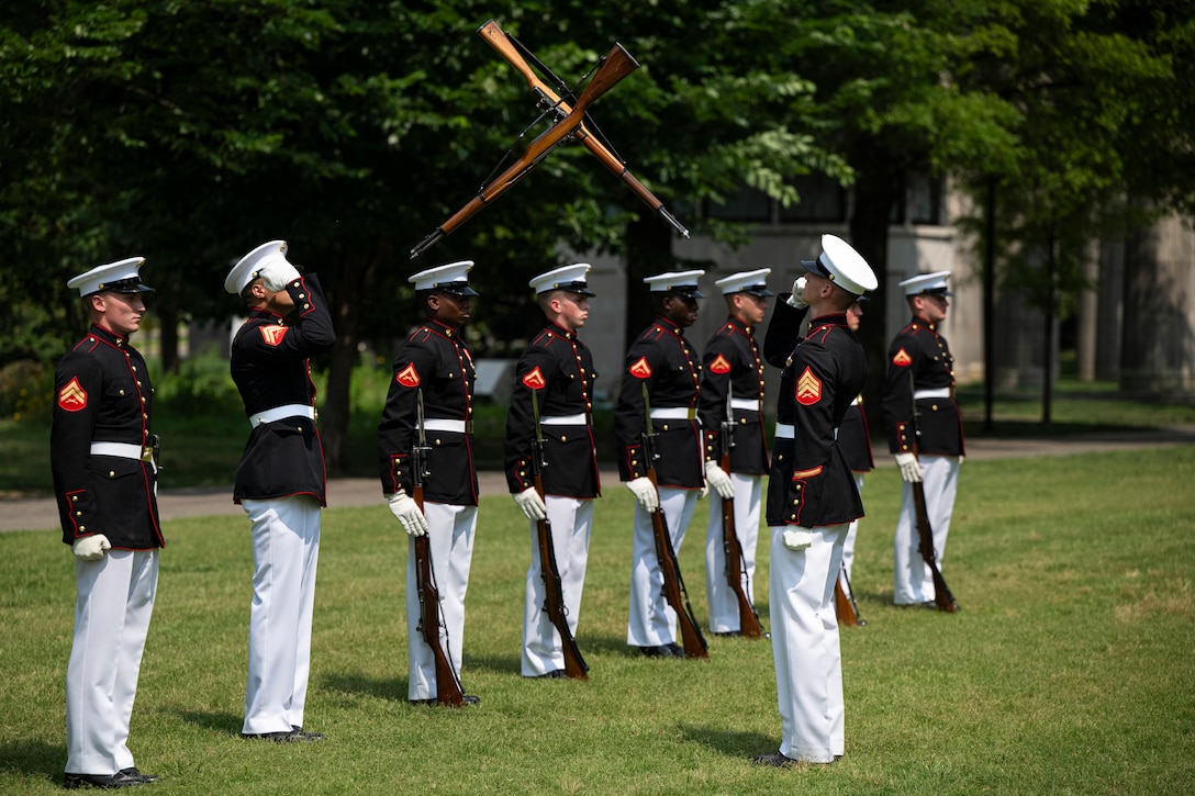 U.S. Marines with the Silent Drill Platoon, Marine Barracks Washington, perform during a wreath laying ceremony at Bicentennial Park in Nashville, Tennessee, June 4, 2025. Marines came out to the park to engage with the community, and to pay homage to Marines past and present. Throughout 2025, Marines across the globe will celebrate the 250th birthday of the Corps, commemorating, service, sacrifice, and priding themselves on living ‘Semper Fidelis’ or ‘Always Faithful’ to their nation and to each other. (U.S. Marine Corps photo by Cpl. Vincent Needham)