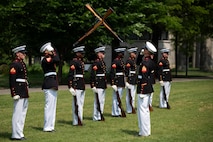 U.S. Marines with the Silent Drill Platoon, Marine Barracks Washington, perform during a wreath laying ceremony at Bicentennial Park in Nashville, Tennessee, June 4, 2025. Marines came out to the park to engage with the community, and to pay homage to Marines past and present. Throughout 2025, Marines across the globe will celebrate the 250th birthday of the Corps, commemorating, service, sacrifice, and priding themselves on living ‘Semper Fidelis’ or ‘Always Faithful’ to their nation and to each other. (U.S. Marine Corps photo by Cpl. Vincent Needham)