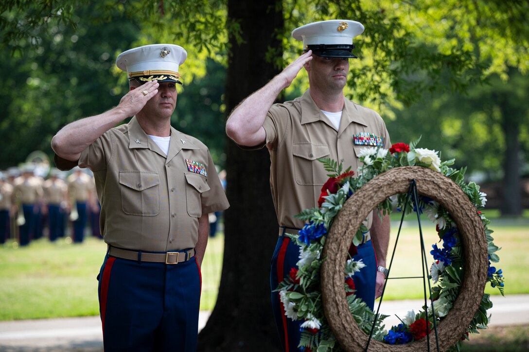 U.S. Marine Corps Col. Jimmy “J.J.” Wilson, commanding officer of Special Purpose Marine Air Ground Task Force-250, and Sgt. Maj. Forrest Allen, the sergeant major of SPMAGTF-250, participate in a wreath laying ceremony at Bicentennial Park in Nashville, Tennessee, June 4, 2025. Marines came out to the park to engage with the community, and to pay homage to Marines past and present. Throughout 2025, Marines across the globe will celebrate the 250th birthday of the Corps, commemorating, service, sacrifice, and priding themselves on living ‘Semper Fidelis’ or ‘Always Faithful’ to their nation and to each other. (U.S. Marine Corps photo by Cpl. Vincent Needham)