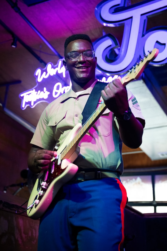 U.S. Marine Corps Jobari Noel, a Marine musician with 2nd Marine Aircraft Wing band, Special Purpose Marine Air Ground Task Force-250, performs at Tootsies Orchid Lounge during Marine Week Nashville, in Nashville, Tennessee, June 6, 2025. Tootsies hosted the 2nd MAW band as a way to show support for the Marine Corps. Throughout 2025, Marines across the globe will celebrate the 250th birthday of the Corps, commemorating, service, sacrifice, and priding themselves on living ‘Semper Fidelis’ or ‘Always Faithful’ to their nation and to each other. (U.S. Marine Corps photo by Cpl. Vincent Needham)