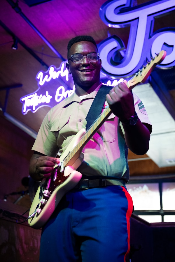 U.S. Marine Corps Jobari Noel, a Marine musician with 2nd Marine Aircraft Wing band, Special Purpose Marine Air Ground Task Force-250, performs at Tootsies Orchid Lounge during Marine Week Nashville, in Nashville, Tennessee, June 6, 2025. Tootsies hosted the 2nd MAW band as a way to show support for the Marine Corps. Throughout 2025, Marines across the globe will celebrate the 250th birthday of the Corps, commemorating, service, sacrifice, and priding themselves on living ‘Semper Fidelis’ or ‘Always Faithful’ to their nation and to each other. (U.S. Marine Corps photo by Cpl. Vincent Needham)