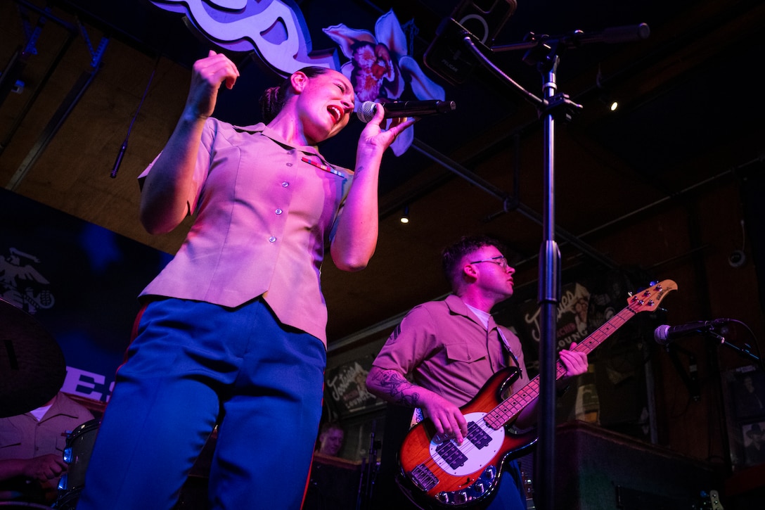 U.S. Marine Corps Sgt. Elizabeth Morino and Cpl. Anthony Russo, Marine musicians with 2nd Marine Aircraft Wing band, Special Purpose Marine Air Ground Task Force-250, perform at Tootsies Orchid Lounge during Marine Week Nashville, in Nashville, Tennessee, June 6, 2025. Tootsies hosted the 2nd MAW band as a way to show support for the Marine Corps. Throughout 2025, Marines across the globe will celebrate the 250th birthday of the Corps, commemorating, service, sacrifice, and priding themselves on living ‘Semper Fidelis’ or ‘Always Faithful’ to their nation and to each other. (U.S. Marine Corps photo by Cpl. Vincent Needham)