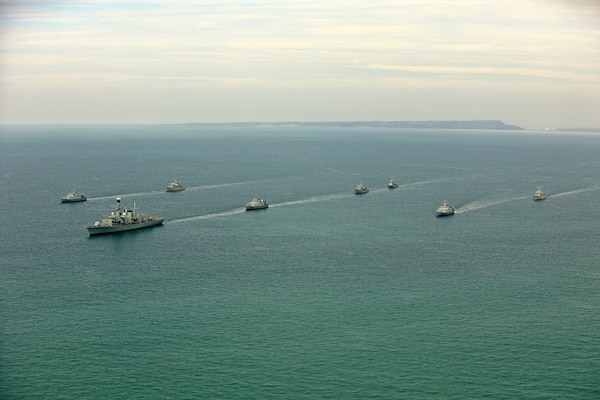 Ships assigned to the Sea Breeze 2025-2 Mine Countermeasures (MCM) Task Group sail in formation. Sea Breeze is an annual maritime exercise aimed at building collective capability and agility to restore security and stability in the dynamic Black Sea.