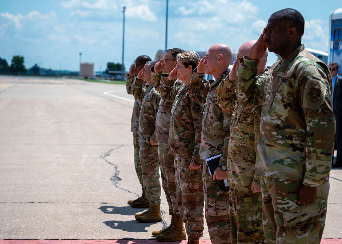 US Transportation Command, Air Mobility Command and Scott Air Force Base leadership greet Air Force leadership at Scott Air Force Base, Illinois, July 9, 2025. Secretary of the Air Force Troy Meink and Air Force Chief of Staff Gen. David Allvin visited Scott to recognize mobility warriors’ contributions to Operation Midnight Hammer. (U.S. Air Force photo by Staff Sgt. Ethan Sherwood)