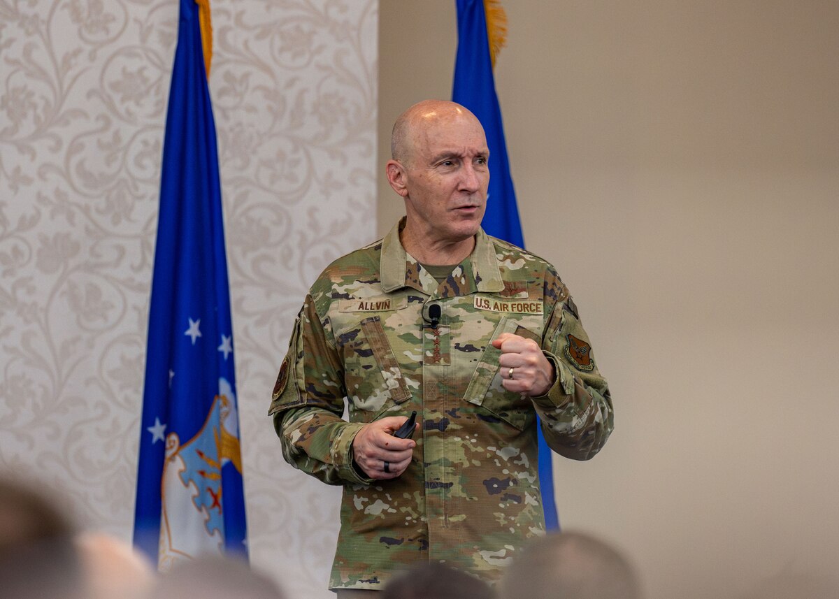 Air Force Chief of Staff Gen. David Allvin speaks to Airmen during an all-call on Scott Air Force Base, Illinois, July 9, 2025. Allvin used the all-call to highlight key priorities, including operational readiness, workforce development, and the continued projection of airpower across the globe. (U.S. Air Force photo by Senior Airman Violette Hosack)