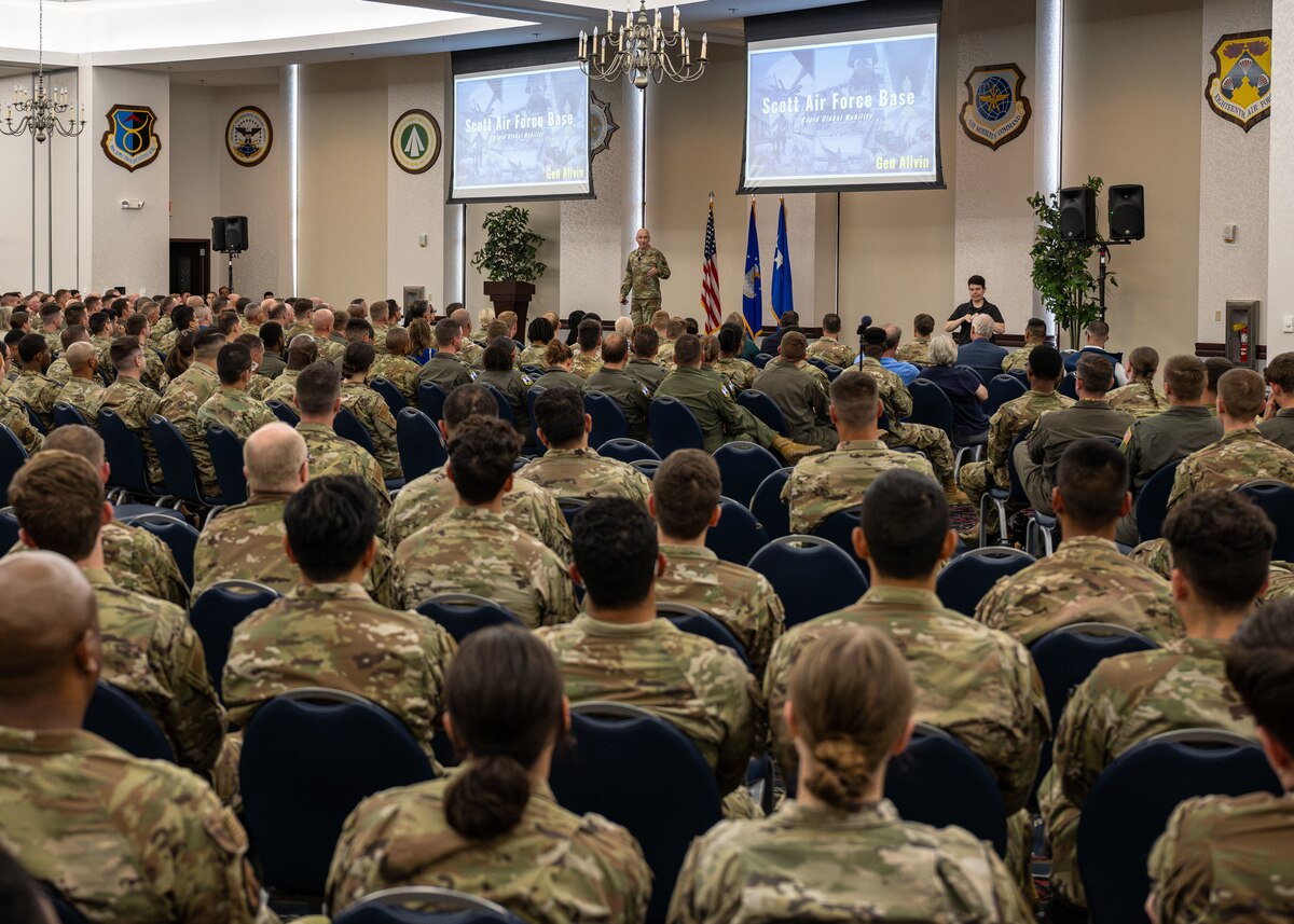 Air Force Chief of Staff Gen. David Allvin speaks to Airmen during an all-call on Scott Air Force Base, Illinois, July 9, 2025. Allvin conducted an all-call to recognize the accomplishments of air mobility forces and outline the future of the Air Force. (U.S. Air Force photo by Senior Airman Violette Hosack)