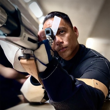 Staff Sgt. Mateo aiming down the sites, getting ready for the Warrior Games.