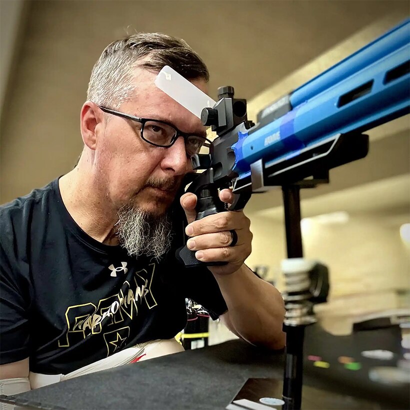 Retired Maj. Ditlevson aiming down the sites as he looks to get on the podium this year in precision air shooting.