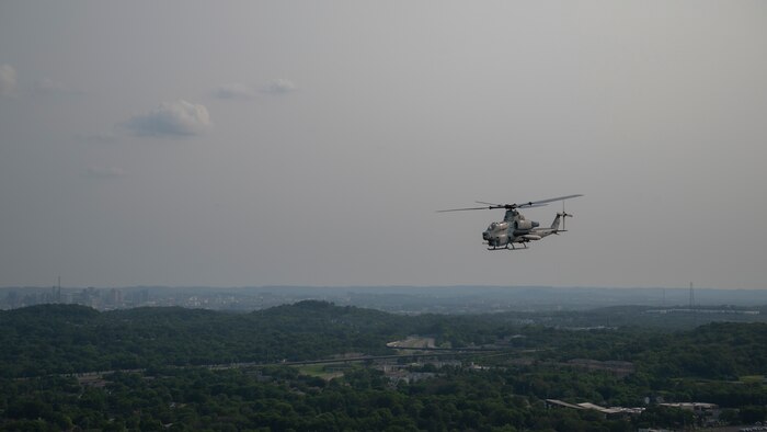 A U.S. Marine Corps AH-1Z Viper helicopter flies in tandem with a UH-1Y Venom helicopter during Marine Week Nashville in Nashville, Tennessee, June 1, 2025. Founded on November 10, 1775, the United States Marine Corps has served our nation honorably in every clime and place for 250 years. Throughout 2025, Marines across the globe will celebrate the 250th birthday of the Corps, commemorating, service, sacrifice, and priding themselves on living ‘Semper Fidelis’ or ‘Always Faithful’ to their nation and to each other. (U.S. Marine Corps photo by Cpl. Vincent Needham)