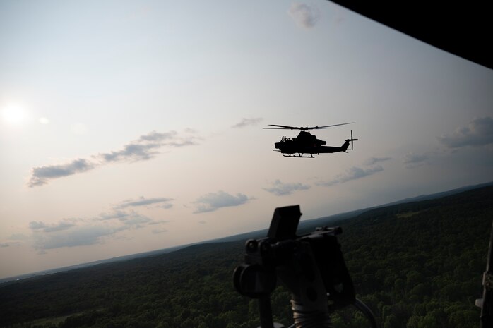 A U.S. Marine Corps AH-1Z Viper helicopter flies in tandem with a UH-1Y Venom helicopter during Marine Week Nashville in Nashville, Tennessee, June 1, 2025. Founded on November 10, 1775, the United States Marine Corps has served our nation honorably in every clime and place for 250 years. Throughout 2025, Marines across the globe will celebrate the 250th birthday of the Corps, commemorating, service, sacrifice, and priding themselves on living ‘Semper Fidelis’ or ‘Always Faithful’ to their nation and to each other. (U.S. Marine Corps photo by Cpl. Vincent Needham)