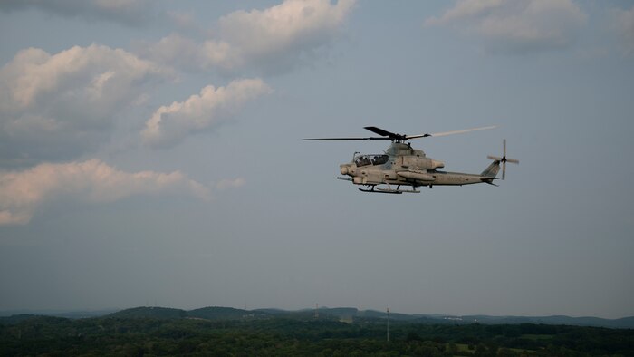 A U.S. Marine Corps AH-1Z Viper helicopter flies in tandem with a UH-1Y Venom helicopter during Marine Week Nashville in Nashville, Tennessee, June 1, 2025. Founded on November 10, 1775, the United States Marine Corps has served our nation honorably in every clime and place for 250 years. Throughout 2025, Marines across the globe will celebrate the 250th birthday of the Corps, commemorating, service, sacrifice, and priding themselves on living ‘Semper Fidelis’ or ‘Always Faithful’ to their nation and to each other. (U.S. Marine Corps photo by Cpl. Vincent Needham)