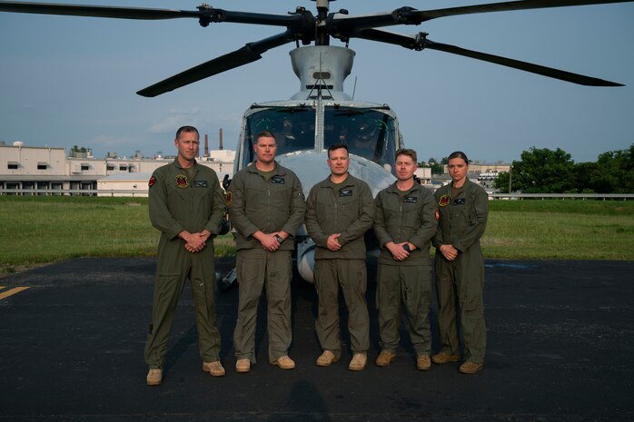 A U.S. Marine Corps UH-1Y Venom helicopter crew, with Marine Light Attack Helicopter Squadron 773, 4th Marine Aircraft Wing, Marine Forces Reserve, pose for a group photo after conducting a flyover for Marine Week Nashville, in Nashville Tennessee, June 1, 2025. Founded on November 10, 1775, the United States Marine Corps has served our nation honorably in every clime and place for 250 years. Throughout 2025, Marines across the globe will celebrate the 250th birthday of the Corps, commemorating, service, sacrifice, and priding themselves on living ‘Semper Fidelis’ or ‘Always Faithful’ to their nation and to each other. (U.S. Marine Corps photo by Cpl. Vincent Needham)
