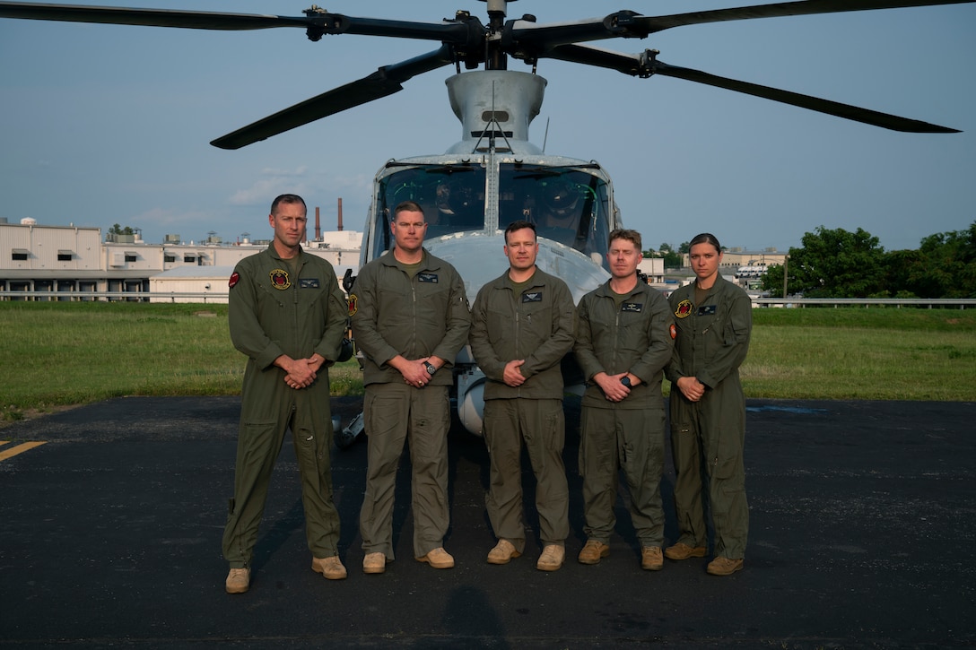 A U.S. Marine Corps UH-1Y Venom helicopter crew, with Marine Light Attack Helicopter Squadron 773, 4th Marine Aircraft Wing, Marine Forces Reserve, pose for a group photo after conducting a flyover for Marine Week Nashville, in Nashville Tennessee, June 1, 2025. Founded on November 10, 1775, the United States Marine Corps has served our nation honorably in every clime and place for 250 years. Throughout 2025, Marines across the globe will celebrate the 250th birthday of the Corps, commemorating, service, sacrifice, and priding themselves on living ‘Semper Fidelis’ or ‘Always Faithful’ to their nation and to each other. (U.S. Marine Corps photo by Cpl. Vincent Needham)