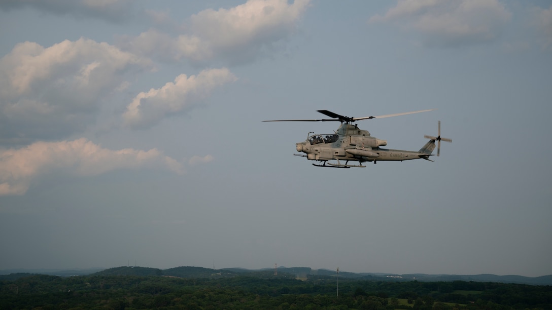 A U.S. Marine Corps AH-1Z Viper helicopter flies in tandem with a UH-1Y Venom helicopter during Marine Week Nashville in Nashville, Tennessee, June 1, 2025. Founded on November 10, 1775, the United States Marine Corps has served our nation honorably in every clime and place for 250 years. Throughout 2025, Marines across the globe will celebrate the 250th birthday of the Corps, commemorating, service, sacrifice, and priding themselves on living ‘Semper Fidelis’ or ‘Always Faithful’ to their nation and to each other. (U.S. Marine Corps photo by Cpl. Vincent Needham)
