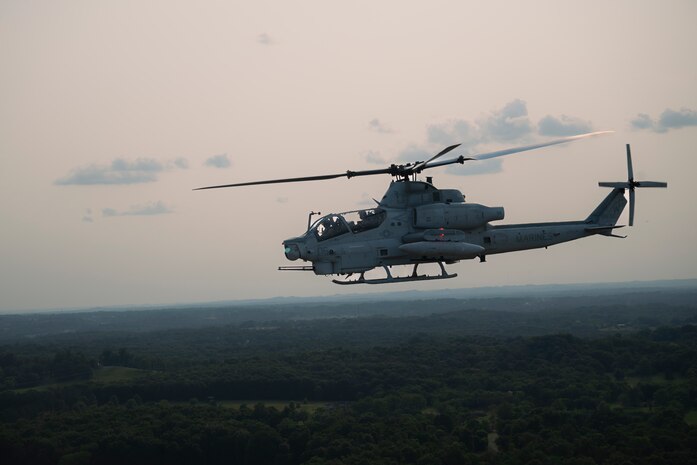A U.S. Marine Corps AH-1Z Viper helicopter flies in tandem with a UH-1Y Venom helicopter during Marine Week Nashville in Nashville, Tennessee, June 1, 2025. Founded on November 10, 1775, the United States Marine Corps has served our nation honorably in every clime and place for 250 years. Throughout 2025, Marines across the globe will celebrate the 250th birthday of the Corps, commemorating, service, sacrifice, and priding themselves on living ‘Semper Fidelis’ or ‘Always Faithful’ to their nation and to each other. (U.S. Marine Corps photo by Cpl. Vincent Needham)