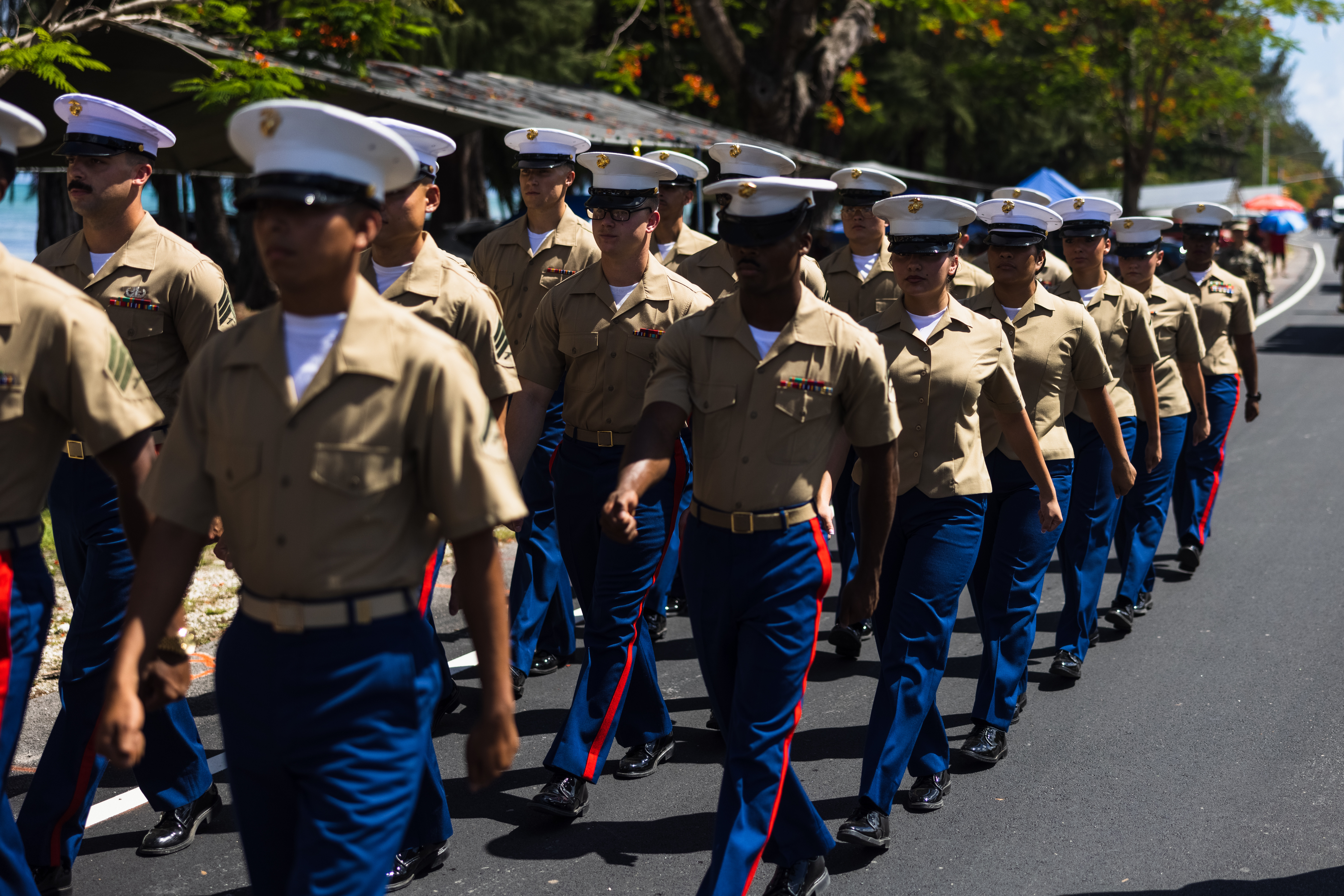 U.S. Marines with Marine Corps Base Camp Blaz, march in the 79th annual Saipan Liberation Day parade in I Liyang, Saipan, July 4, 2025. The march included dozens of military, government, and local organizations and floats in celebration of the liberation of Saipan. Saipan’s Liberation Day commemorates the permanent closure of civilian internment camps at the end of World War II on July 4, 1946. (U.S. Marine Corps photo by Cpl. Brayden Daniel)