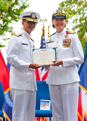 Naval Medical Forces Pacific Commander Rear Adm. Guido Valdes presents outgoing Navy Medicine Readiness and Training Command Camp Pendleton Commander Capt. Jenny Burkett with the Legion of Merit medal during the NMTC Camp Pendleton change of command ceremony held July 11, 2025, in the Medal of Honor Promenade of Naval Hospital Camp Pendleton. Burkett was relieved by Capt. Virginia Damin as the NMRTC commander and director of NHCP. For 250 years, Navy Medicine – represented by more than 44,000 highly-trained military and civilian healthcare professionals – has delivered quality healthcare and enduring expeditionary medical support to the warfighter on, below, and above the sea, and ashore.