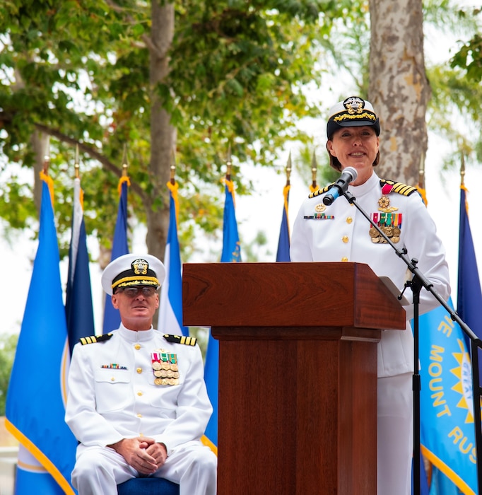 Navy Medicine Readiness and Training Command Camp Pendleton Commander Capt. Jenny Burkett provides remarks during the NMTC Camp Pendleton change of command ceremony held July 11, 2025, in the Medal of Honor Promenade of Naval Hospital Camp Pendleton. During the ceremony, Burkett was relieved by Capt. Virginia Damin as the NMRTC commander and director of NHCP. For 250 years, Navy Medicine – represented by more than 44,000 highly-trained military and civilian healthcare professionals – has delivered quality healthcare and enduring expeditionary medical support to the warfighter on, below, and above the sea, and ashore.