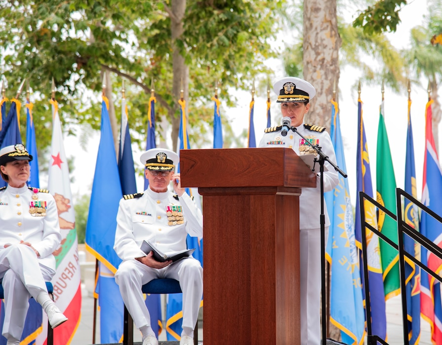 Navy Medicine Readiness and Training Command Camp Pendleton Commander Capt. Virginia Damin provides remarks during the NMTC Camp Pendleton change of command ceremony held July 11, 2025, in the Medal of Honor Promenade of Naval Hospital Camp Pendleton. During the ceremony, Damin relieved Capt. Jenny Burkett as the NMRTC commander and director of NHCP. For 250 years, Navy Medicine – represented by more than 44,000 highly-trained military and civilian healthcare professionals – has delivered quality healthcare and enduring expeditionary medical support to the warfighter on, below, and above the sea, and ashore.