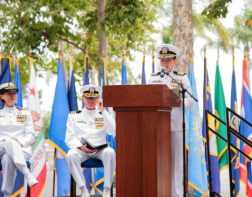 Navy Medicine Readiness and Training Command Camp Pendleton Commander Capt. Virginia Damin provides remarks during the NMTC Camp Pendleton change of command ceremony held July 11, 2025, in the Medal of Honor Promenade of Naval Hospital Camp Pendleton. During the ceremony, Damin relieved Capt. Jenny Burkett as the NMRTC commander and director of NHCP. For 250 years, Navy Medicine – represented by more than 44,000 highly-trained military and civilian healthcare professionals – has delivered quality healthcare and enduring expeditionary medical support to the warfighter on, below, and above the sea, and ashore.