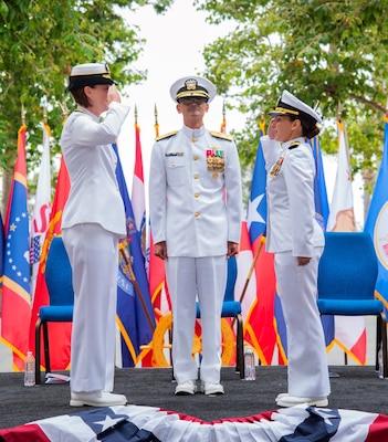 Outgoing Navy Medicine Readiness and Training Command Camp Pendleton Commander Capt. Jenny Burkett (left) salutes incoming NMRTC Camp Pendleton Commander Capt. Virginia Damin (right) during the change of command ceremony held July 11, 2025, in the Medal Honor Promenade of Naval Hospital Camp Pendleton. Naval Medical Forces Pacific Commander Rear Adm. Guido Valdes presided over the event and served as the reviewing officer ensuring the formal transfer of authority and responsibility for the command. Burkett will transfer to the Office of the Deputy Navy Surgeon General in Falls Church, Va., and Damin comes to NMRTC Camp Pendleton from her previous position as the executive officer of NMRTC Guam and deputy director of Naval Hospital Guam. For 250 years, Navy Medicine – represented by more than 44,000 highly-trained military and civilian healthcare professionals – has delivered quality healthcare and enduring expeditionary medical support to the warfighter on, below, and above the sea, and ashore.